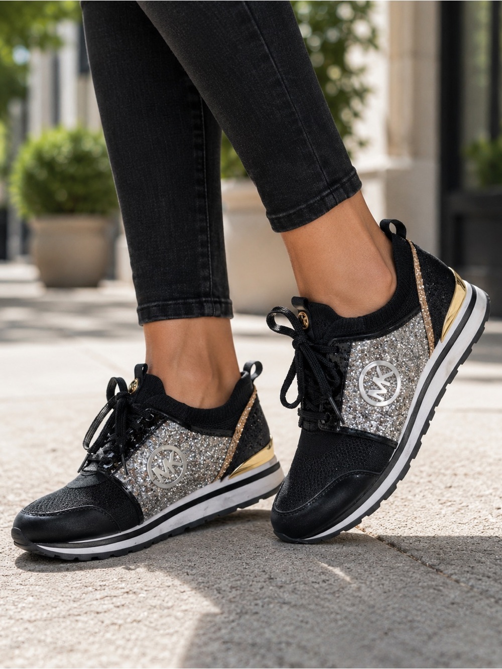 Michael Kors Black Silver Glitter Sneakers Women’s Size 10